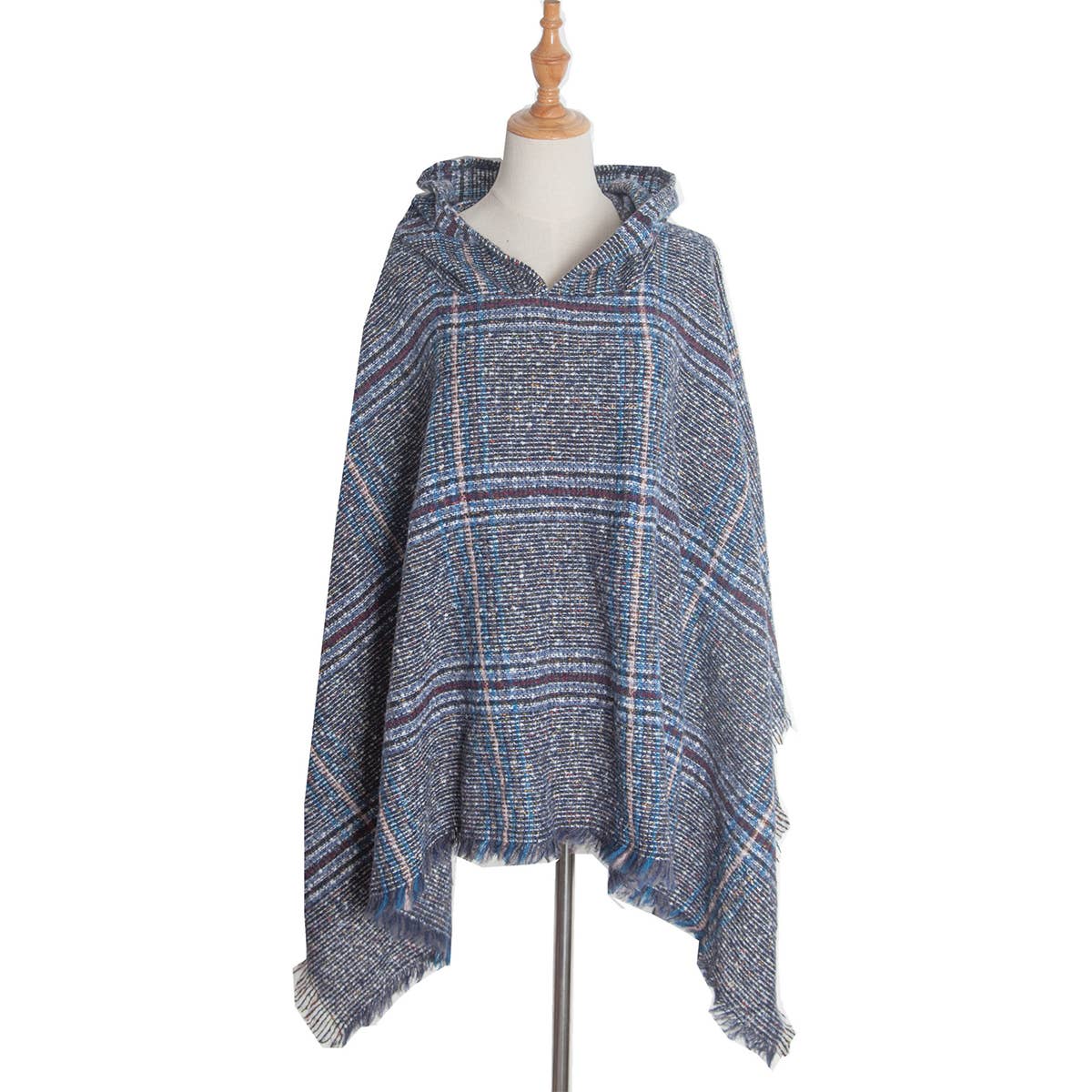 CIRCLE YARN FUR LARGE PLAID HOODED CAPE SHAWL_CWASC1211