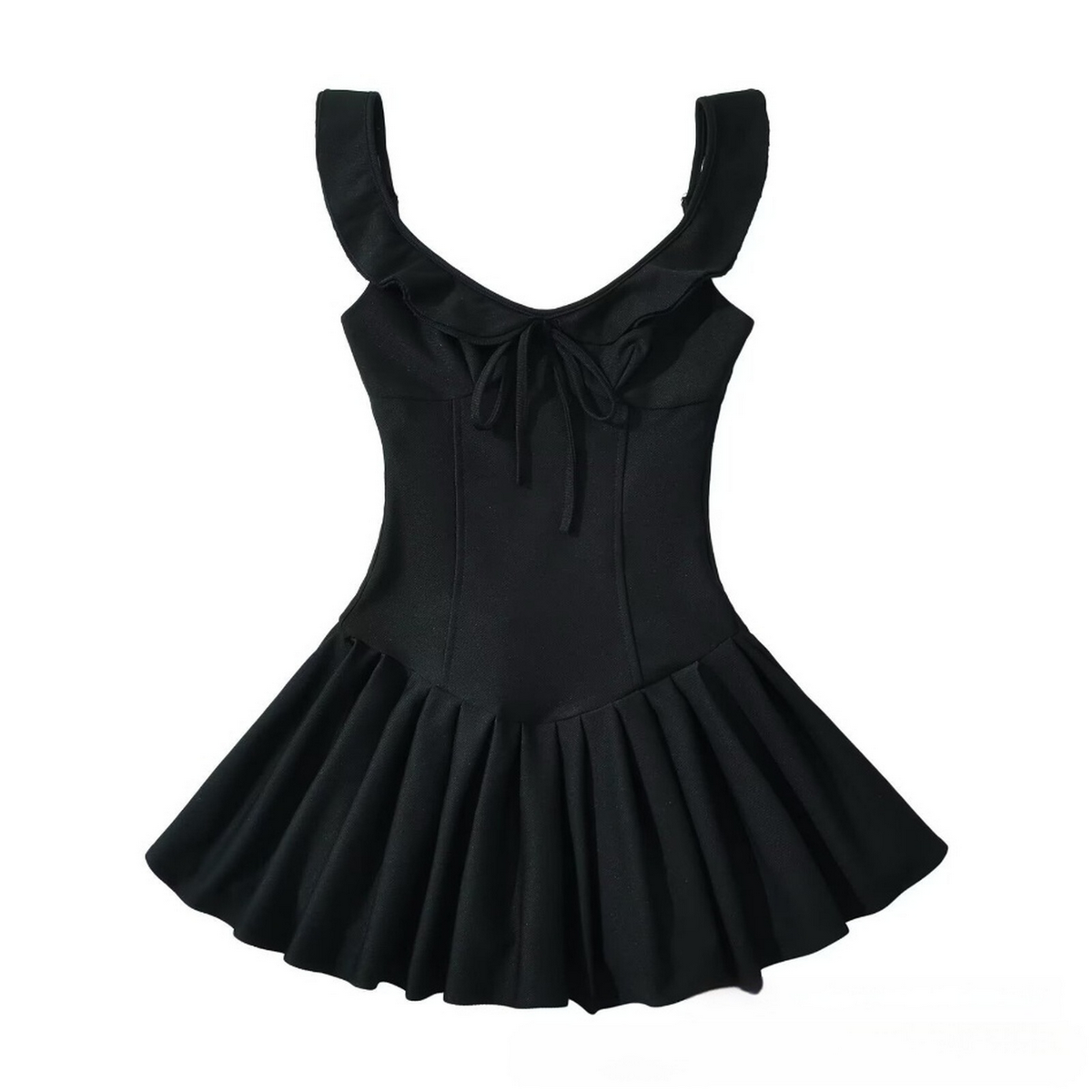 RUFFLE TRIM KNIT DRESS FRENCH FIT FLARE STYLE_CWDMD5805