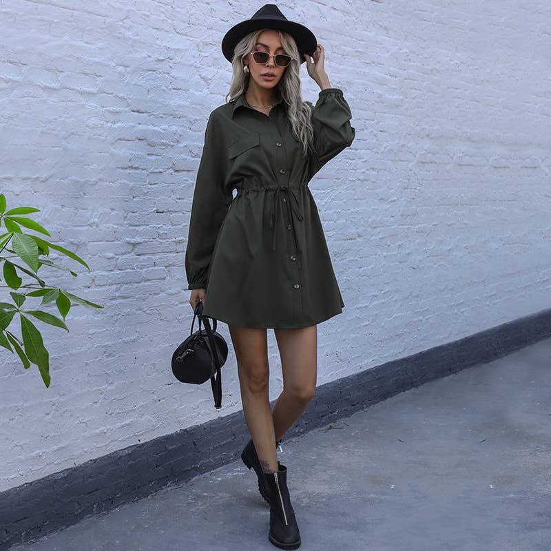 Solid Color French Lapel Long-Sleeved Shirt Dress