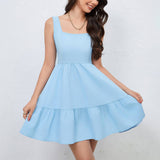 Square Neck Dress With Ruffled Hem