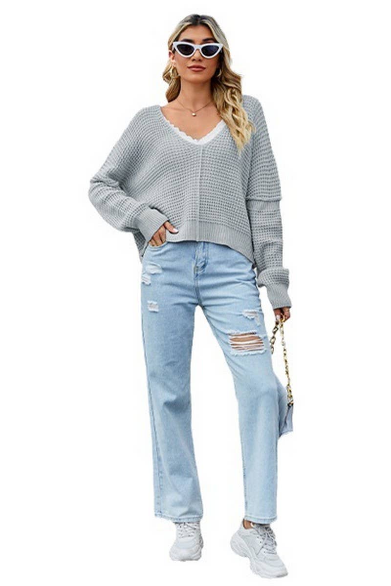 V Neck Solid Off Shoulder Knit Pullover_Cwoswl2047