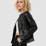SLIM FIT STAND COLLAR FAUX LEATHER JACKET WOMEN_CWMM9025