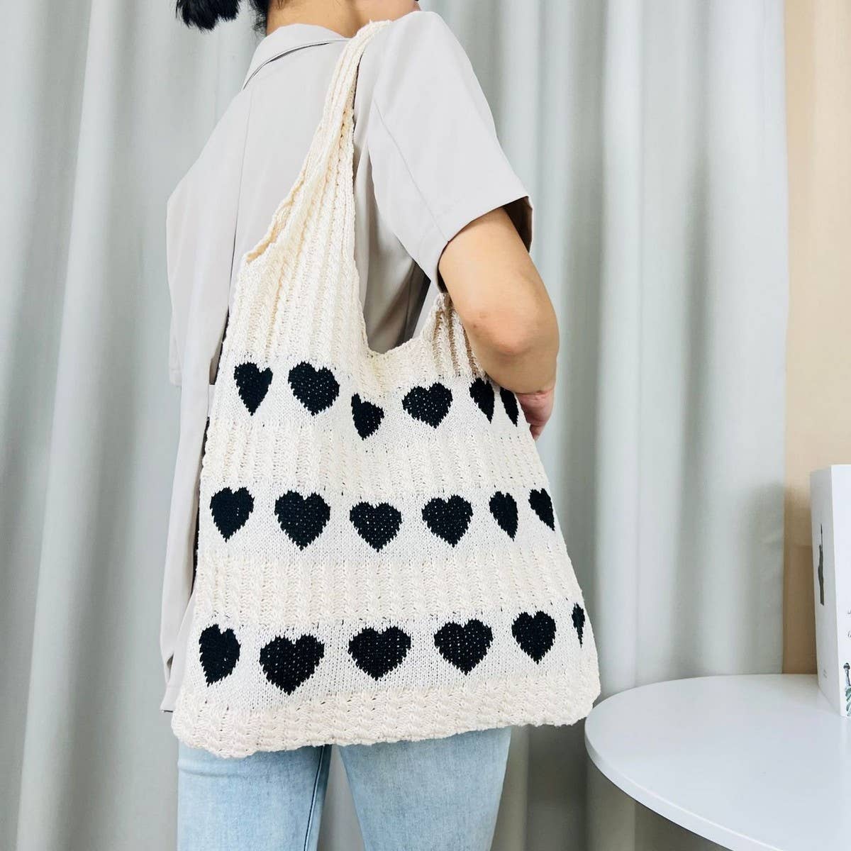 Cwab4569_Heart Pattern Knitted Large Capacity Tote Bag