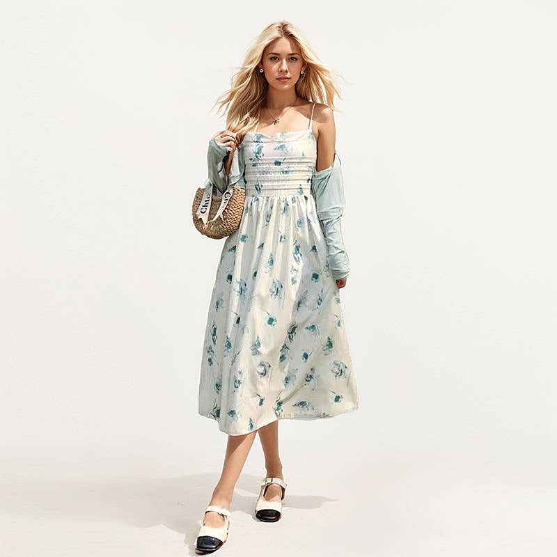 Spaghetti Strap Midi Dress With Knit Cardigan Set