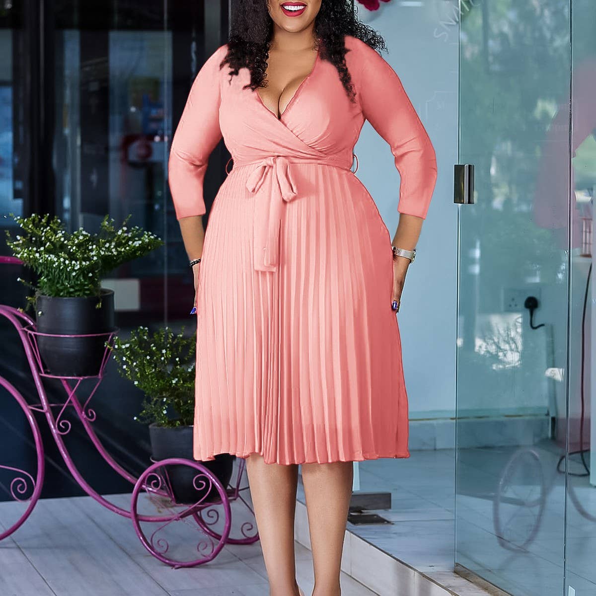 SOLID COLOR V NECK LONG SLEEVE PLEATED SKIRT DRESS_CWDSD6145