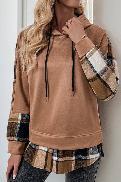 Cwohol0906_Long-Sleeved Plaid Colorblock Hooded Sweatshirt