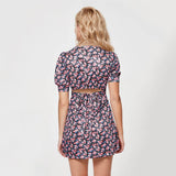 V-Neck Short-Sleeved Belt Print Short Dress