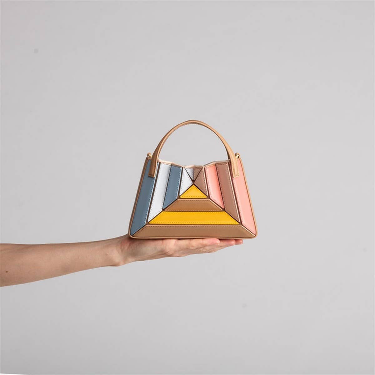 Triangular Foldin Bag Multi-Color Stitching Handbag_Cwab1939
