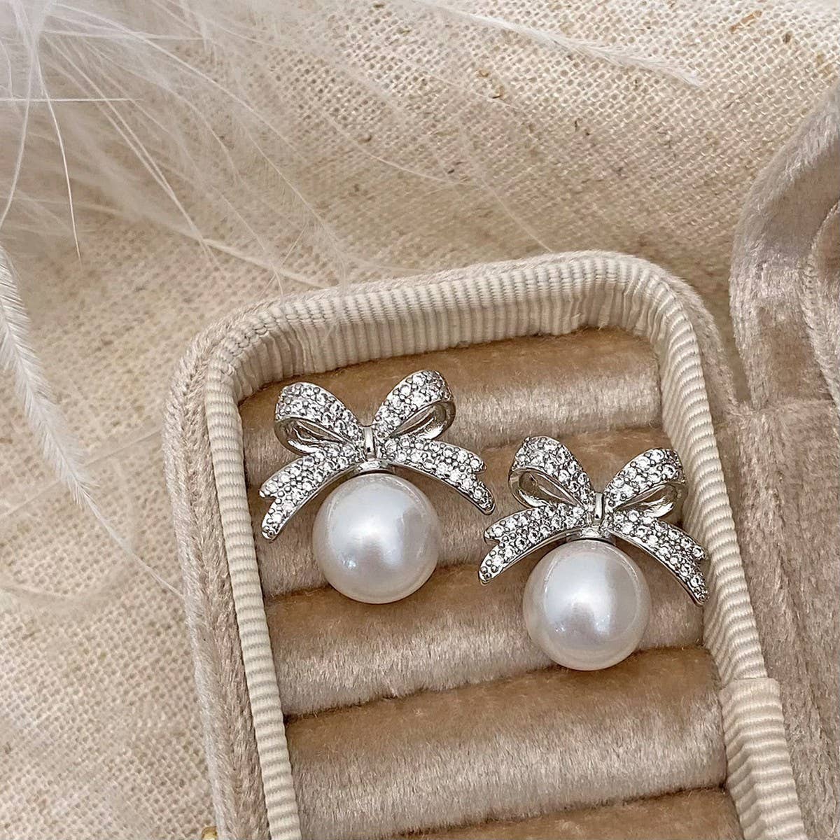 Womens Vintage Full Diamond Bow Pearl Earrings