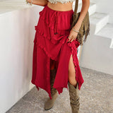 Solid Color Waist Draw-In Mid-Length Split Skirt