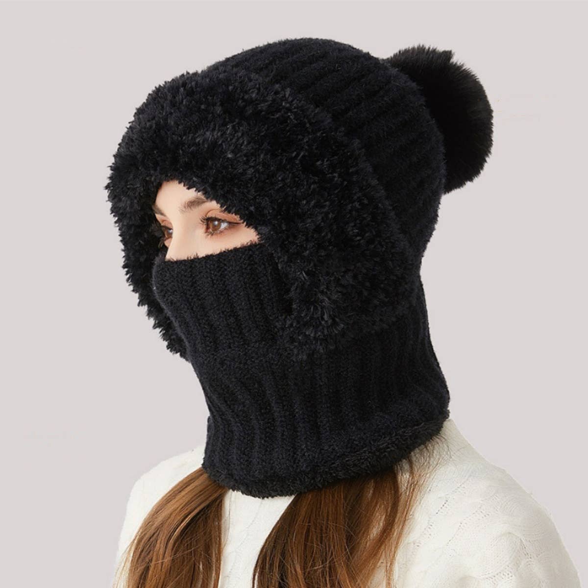 Cwah2211_Knit Thick Fluffy Ball Bib Headpiece