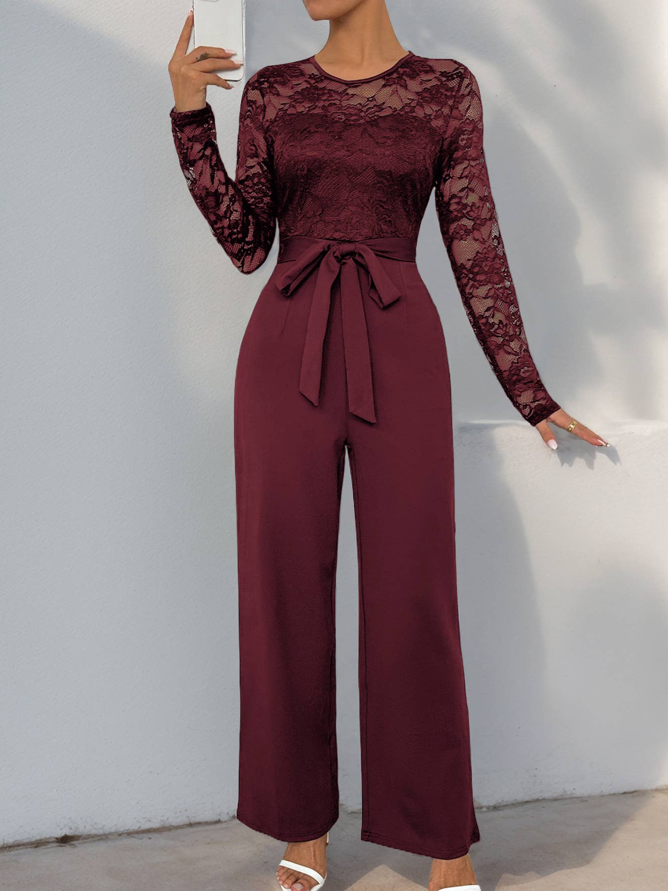 Solid Color Jumpsuit Lace Patchwork Zipper