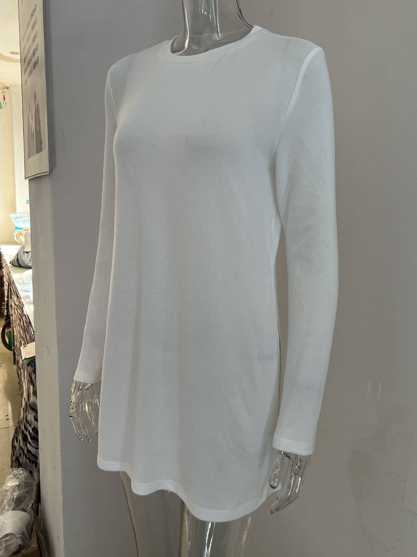 Solid Color Crew Neck Shirt With Split Sides Hem