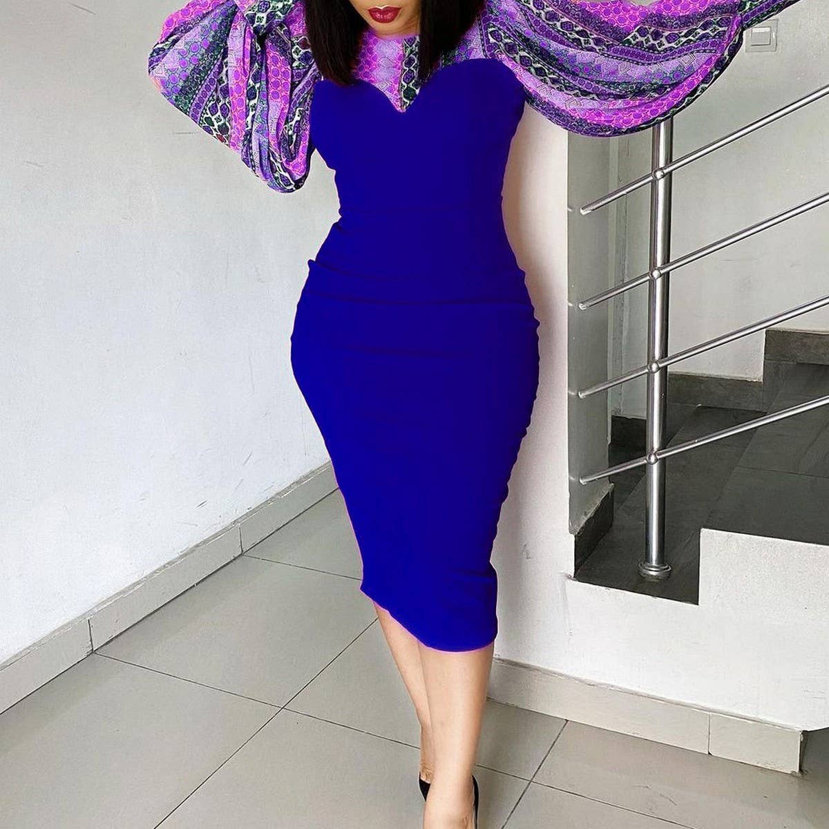 PRINTED BAT SLEEVE TEMPERAMENT HIGH WAIST DRESS_CWDMD3709