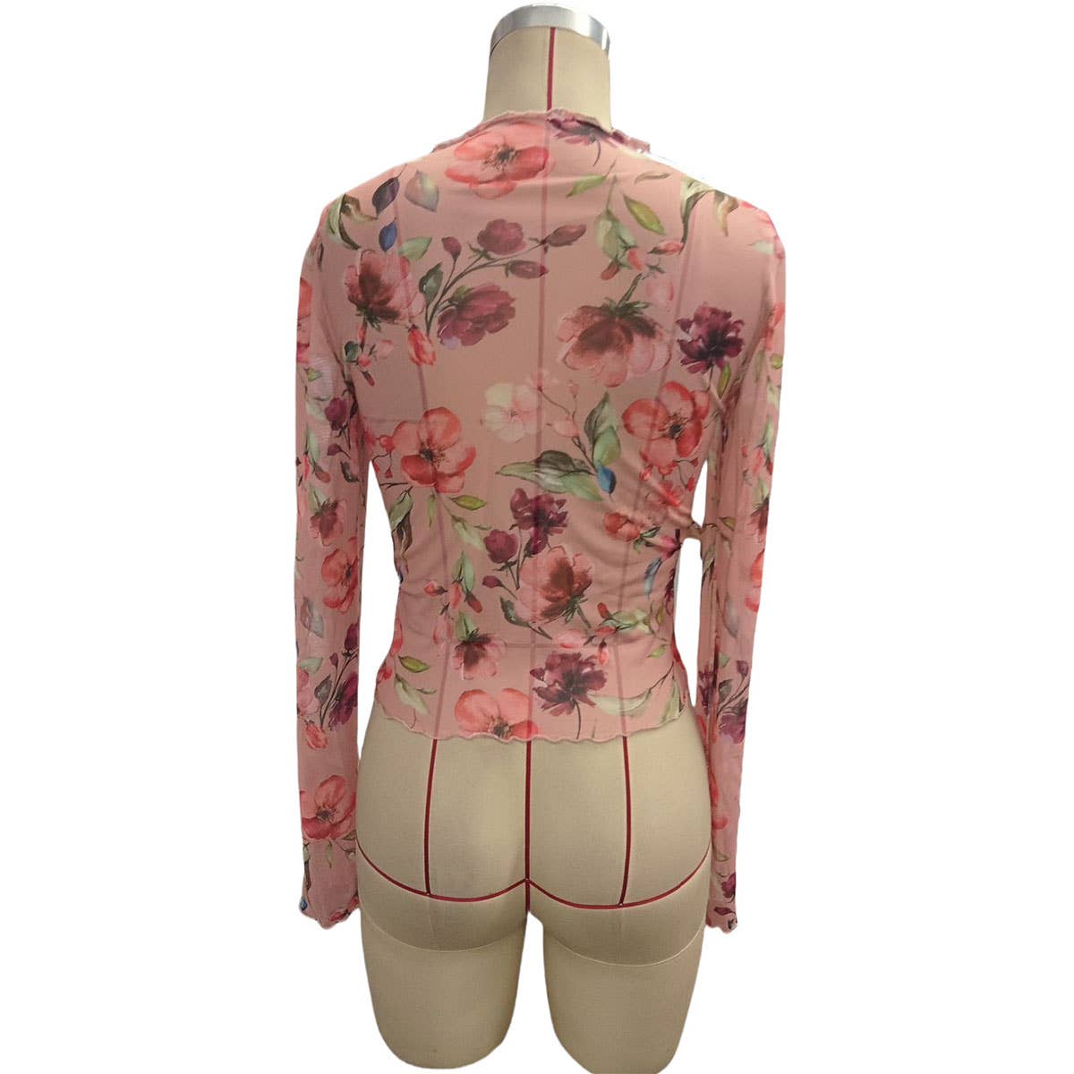 SEMI SHEER FLORAL PRINT MESH LACE SLIM FIT TOP_CWTBLL3429