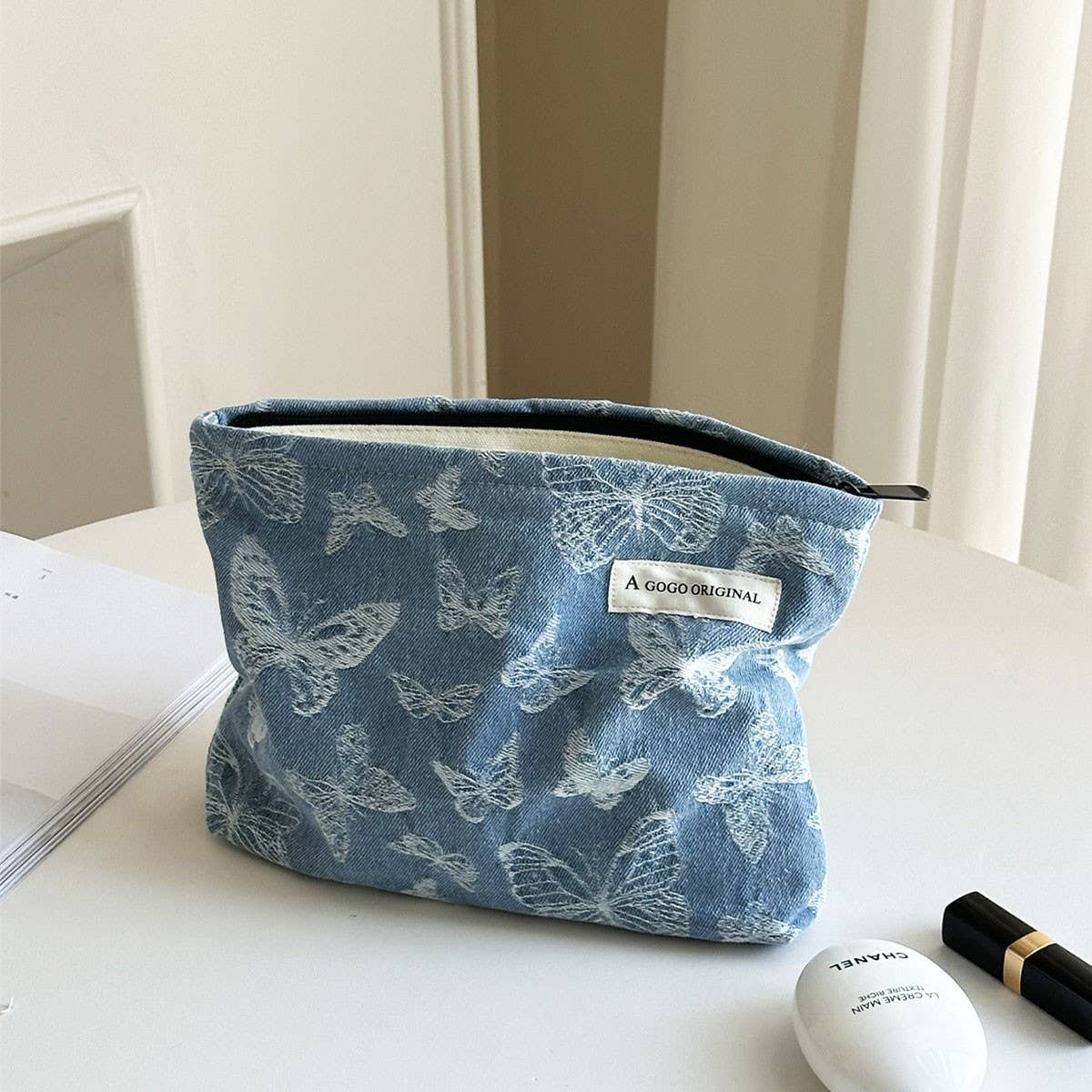 Denim Makeup Bag Large Pillow Handbag Travel Pouch_Cuab00702