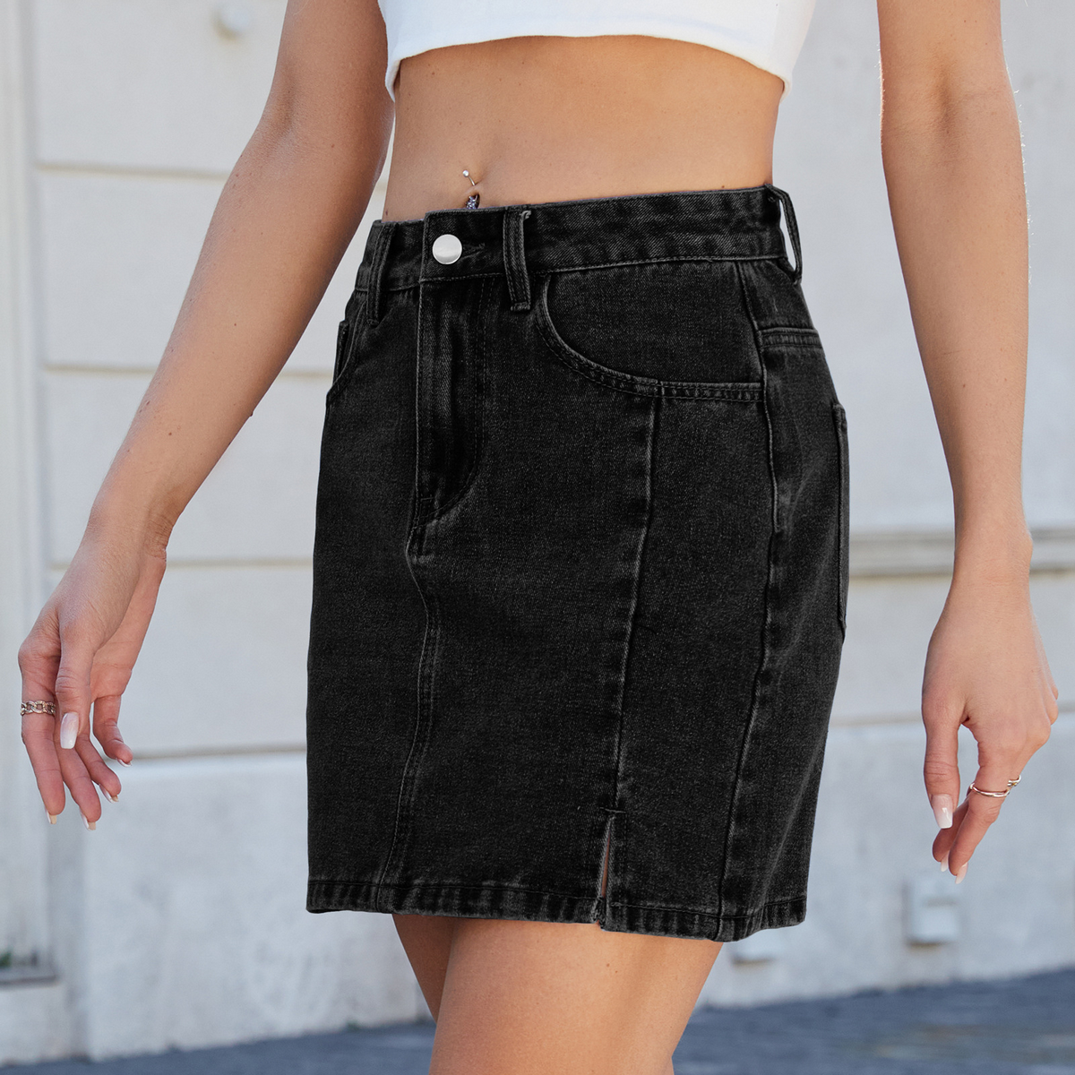 Wome Washed Denim Bodycon Skirt With Slit_Cwjsk0207