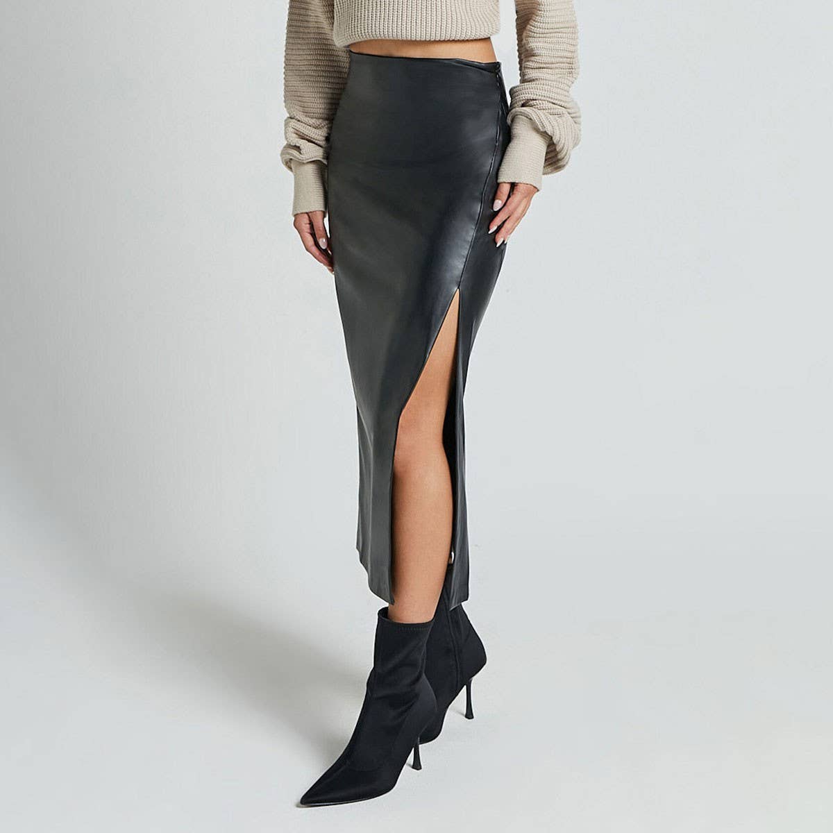 PU SLIT LEATHER SKIRT HIGH WAIST ZIPPER SKIRT_CWAB4811