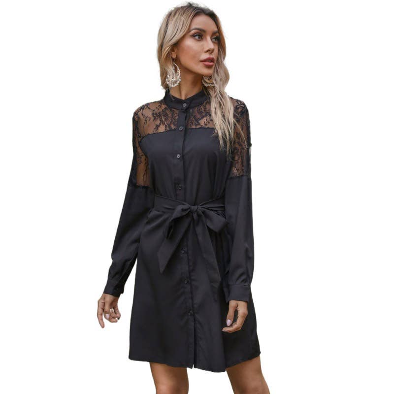 Semi-Turtleneck Patchwork Lace Shirt Dress