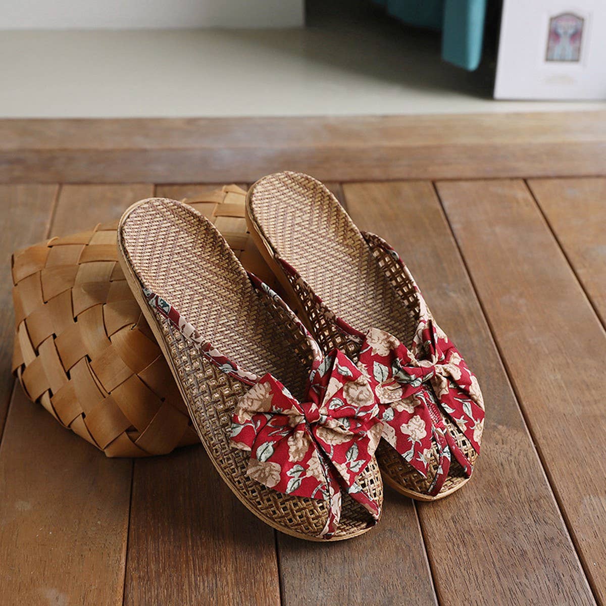 SUMMER WOVEN LINEN BOW MULES FOR HOME_CWSHF0194
