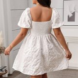 NEW FRENCH SQUARE NECK SLIM PUFF SKIRT WHITE DRESS_CWDMD5976