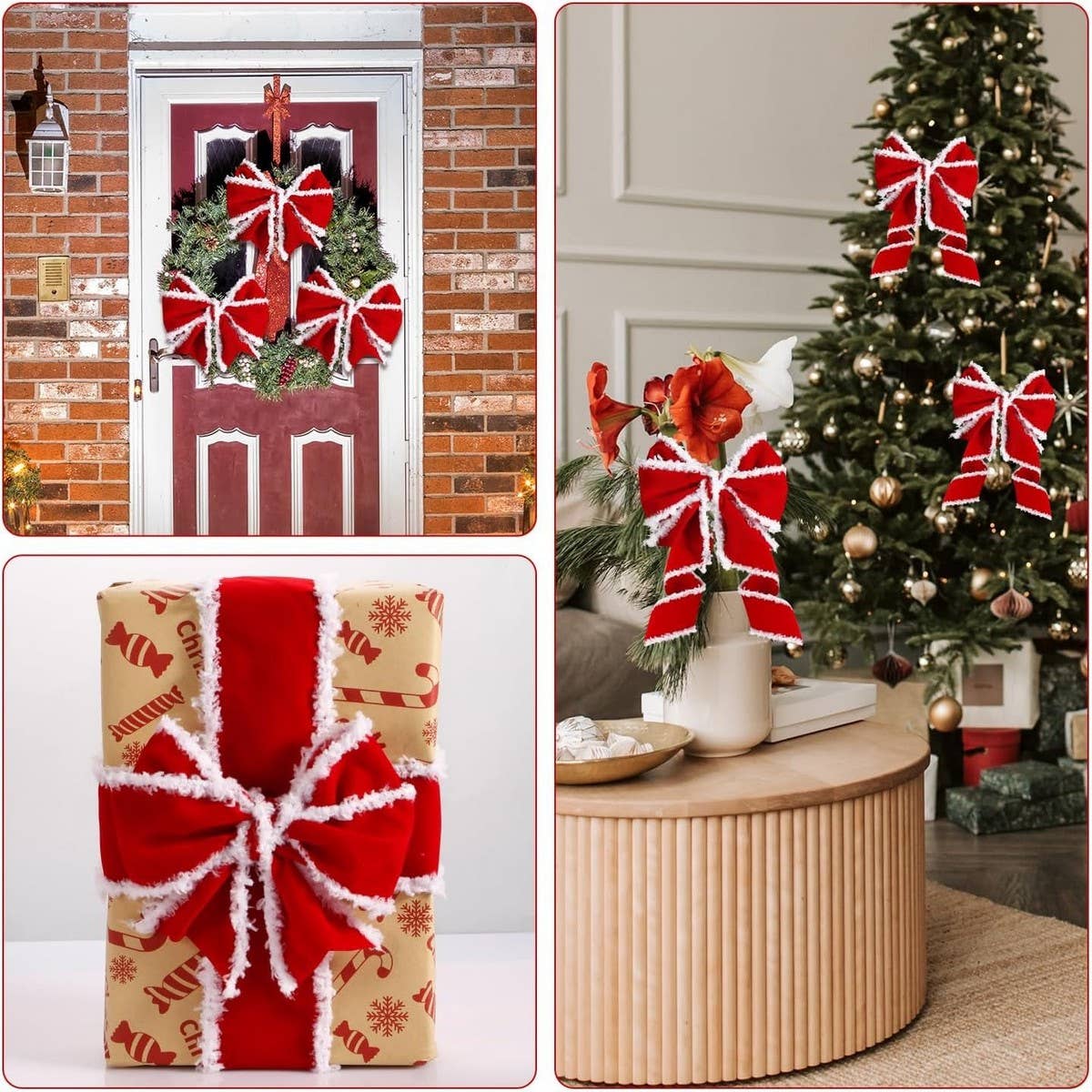 Cwmm10191_Red And White Christmas Bow Ribbon For Gift Diy
