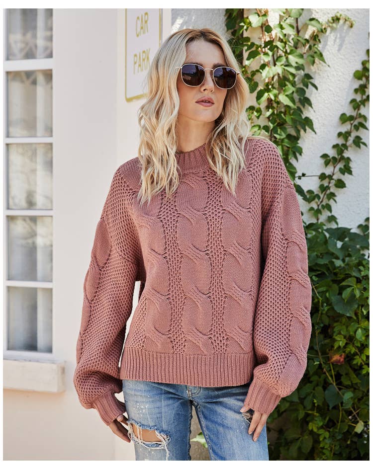 Solid Color Twisted Floral Half Turtleneck Sweater