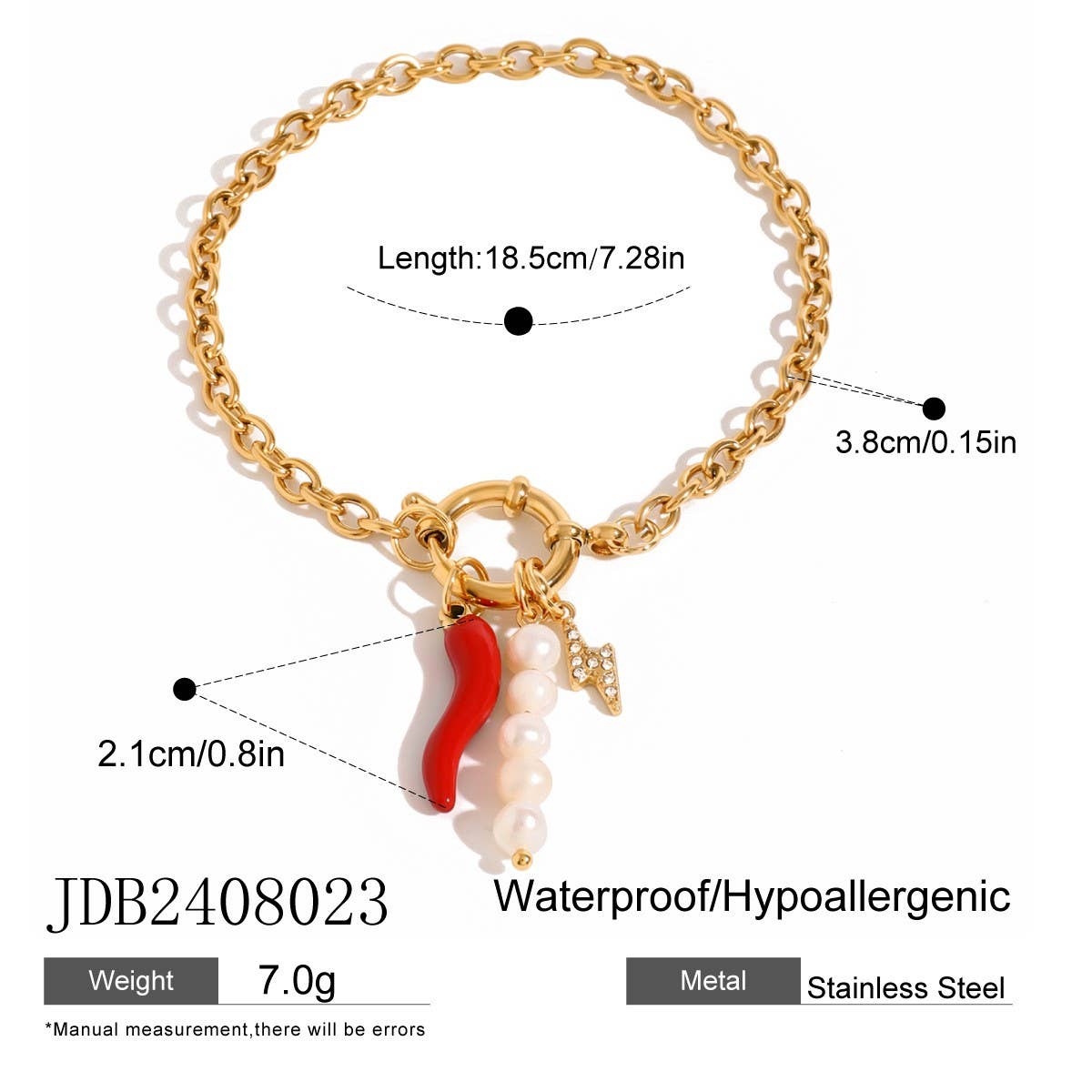 18K GOLD STEEL PEARL RED CHILI CHARM BRACELET_CWAJE4891