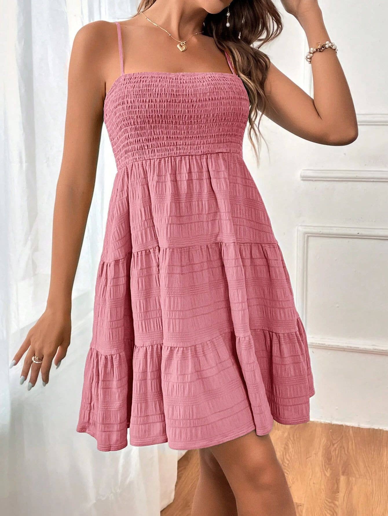 Solid-Color Textured One-Shoulder Strappy Dress