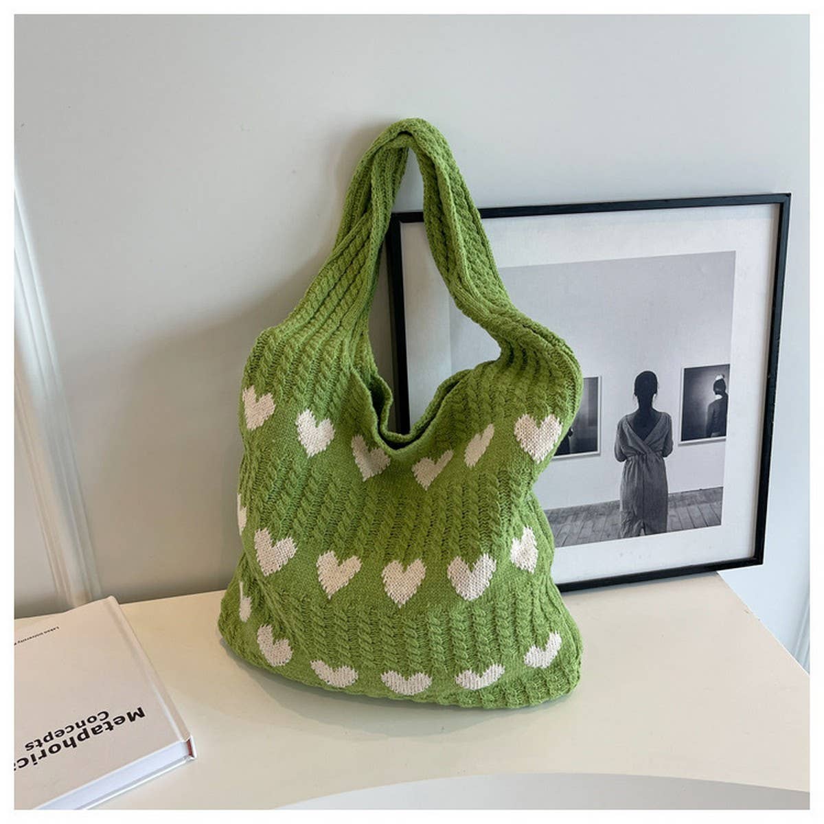 Cwab4569_Heart Pattern Knitted Large Capacity Tote Bag