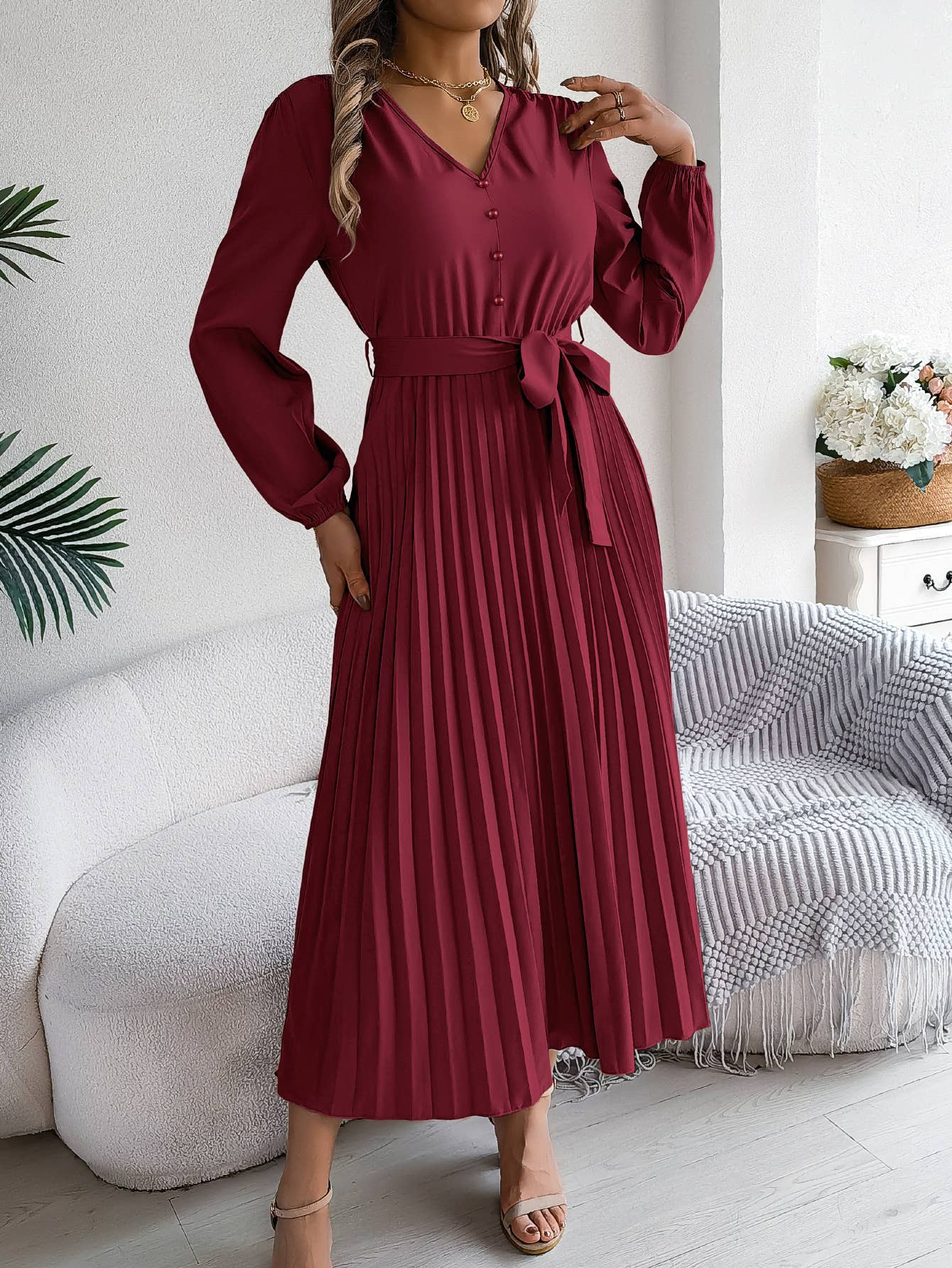 V-Neck Button-Up Long Pleated Dress