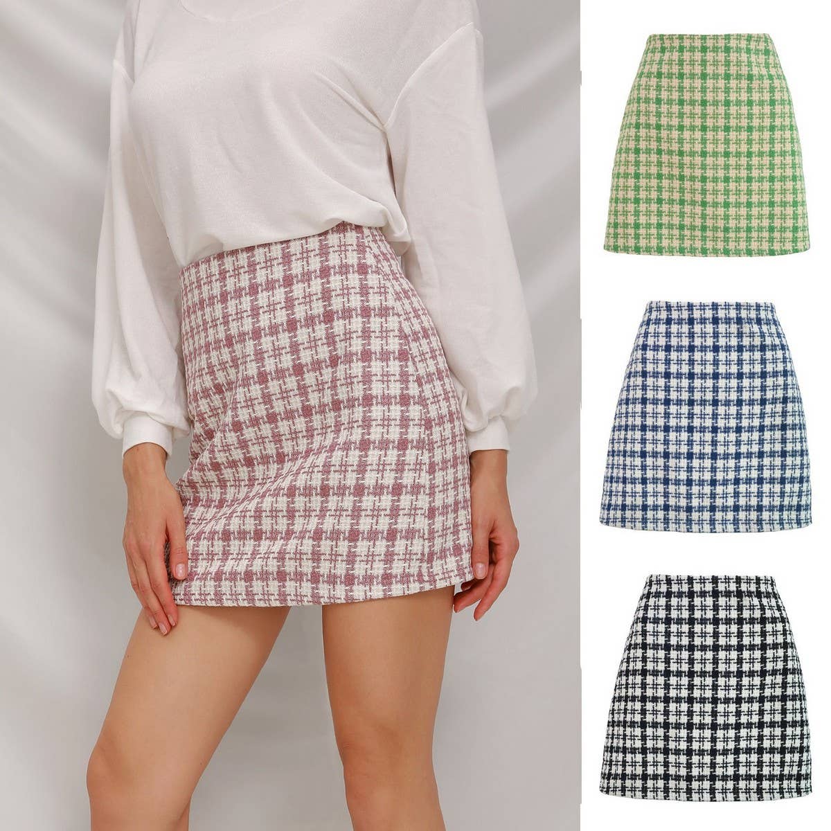 RETRO CHECKERED A LINE SHORT WOOLEN SKIRT_CWBSS0393