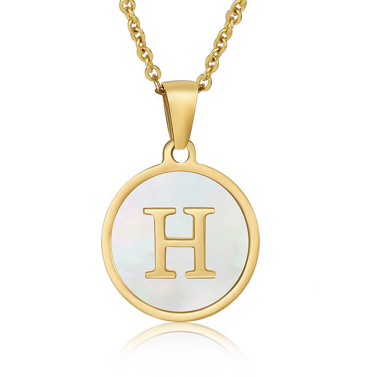 Cwaje1934_Round Stainless Steel White Shell Letter Necklace