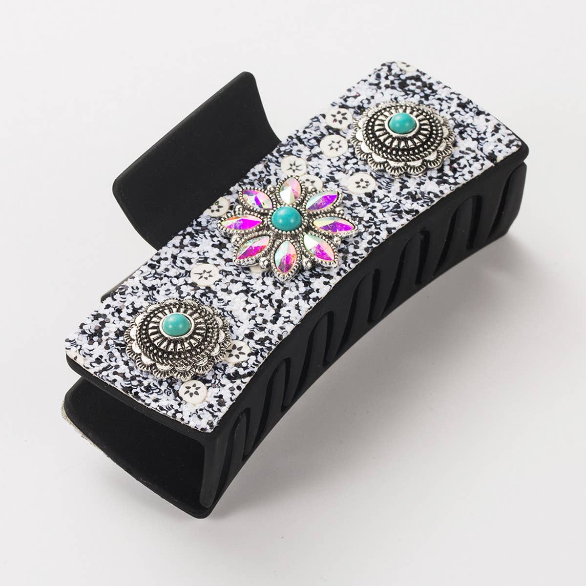 Vintage Pearl Turquoise Hair Claw Square Bun Clip_Cwaha1769