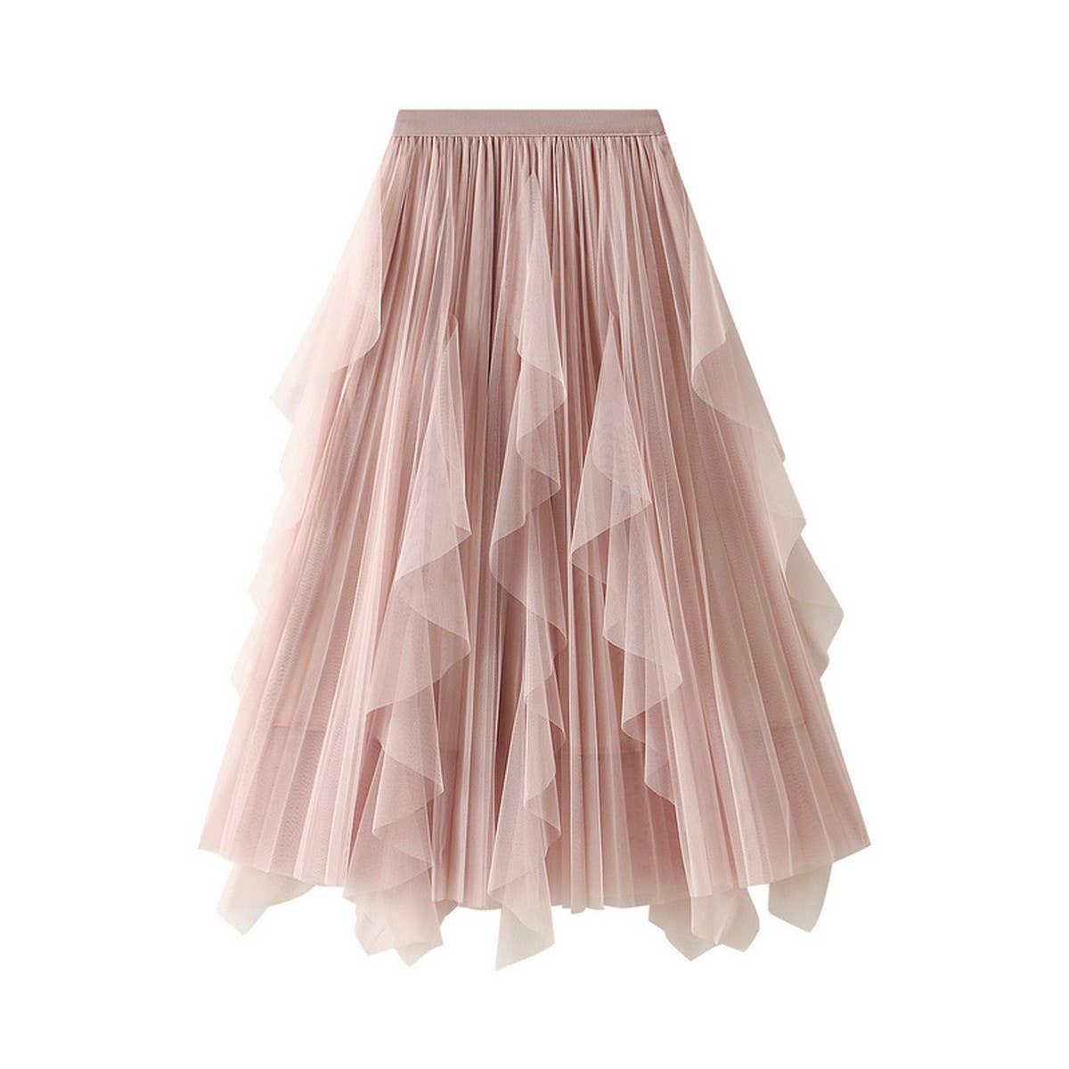 RUFFLED MESH PANEL HIGH WAIST PLEATED MIDI SKIRT_CWBMS0381