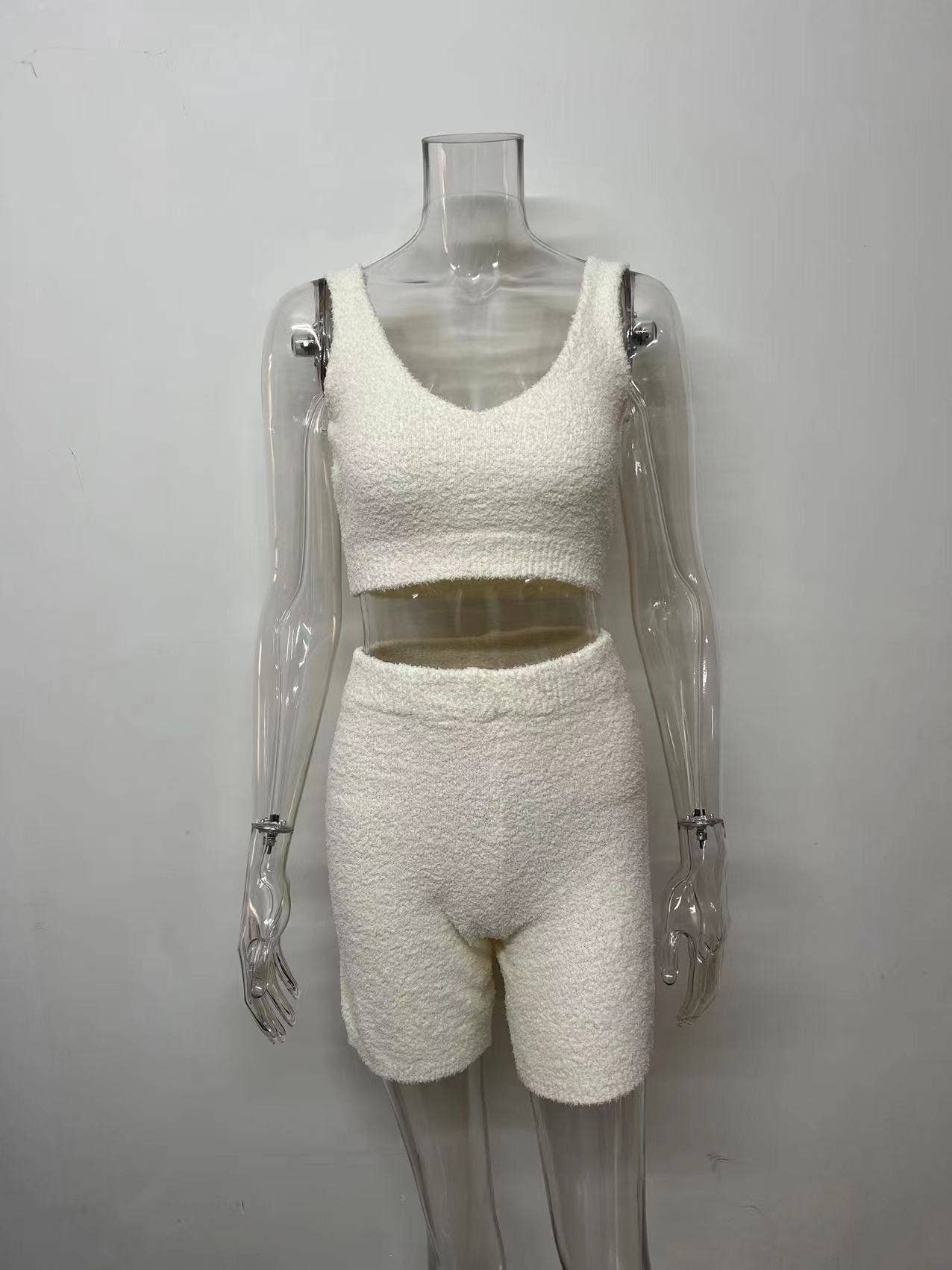 Plush V-Neck Sexy Crop Top And Shorts Set