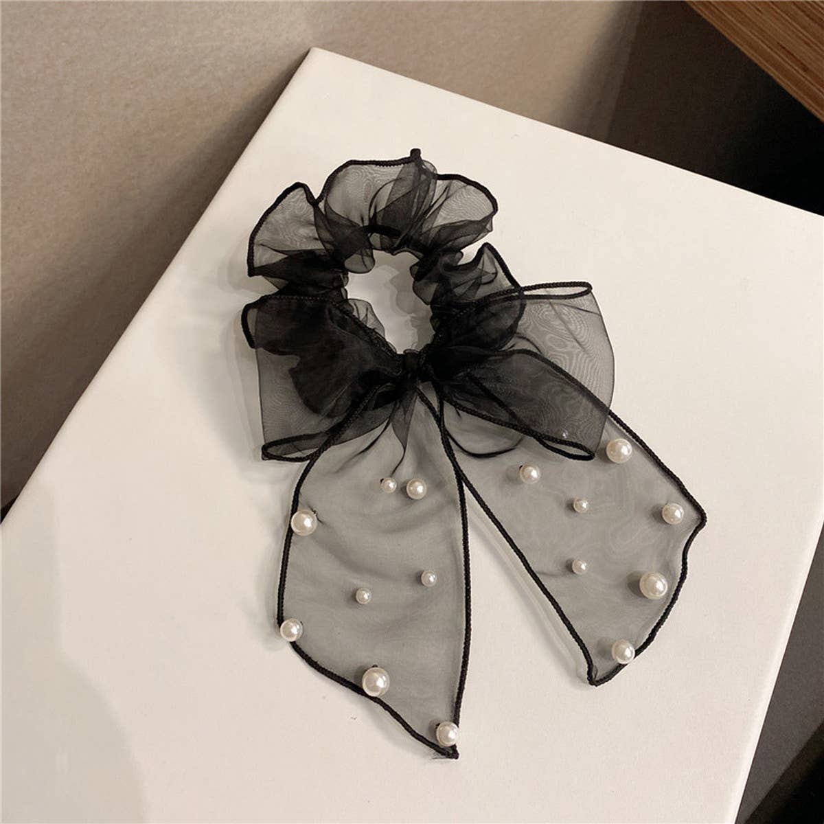 SIMPLE MESH PEARL BEAD BOW HAIR ROPE_CWAHA1099