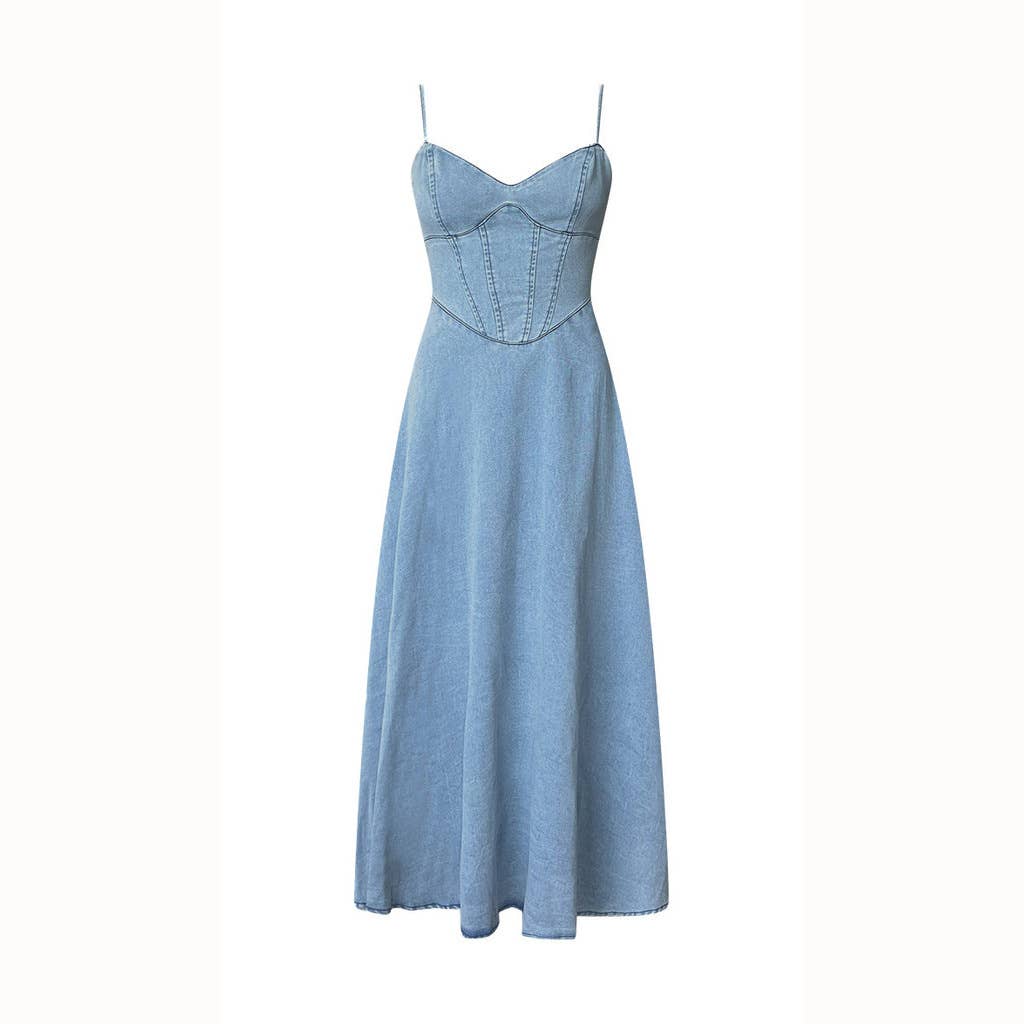 V-Neck Halter Strap Elastic Denim Long Dress