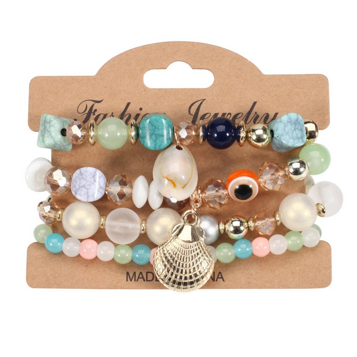 Cwaje05692_Boho Shell Pearl Elastic Evil Eye Bracelet