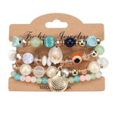 Cwaje05692_Boho Shell Pearl Elastic Evil Eye Bracelet