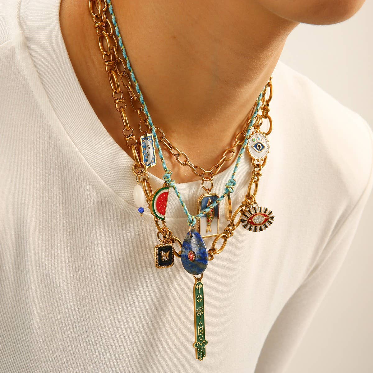 18K STEEL FATIMA HAND NECKLACE WITH FISH EYE_CWMM8859