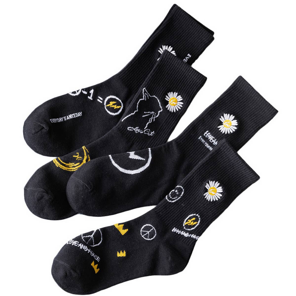 Women Black Daisy Socks_Cwms0670