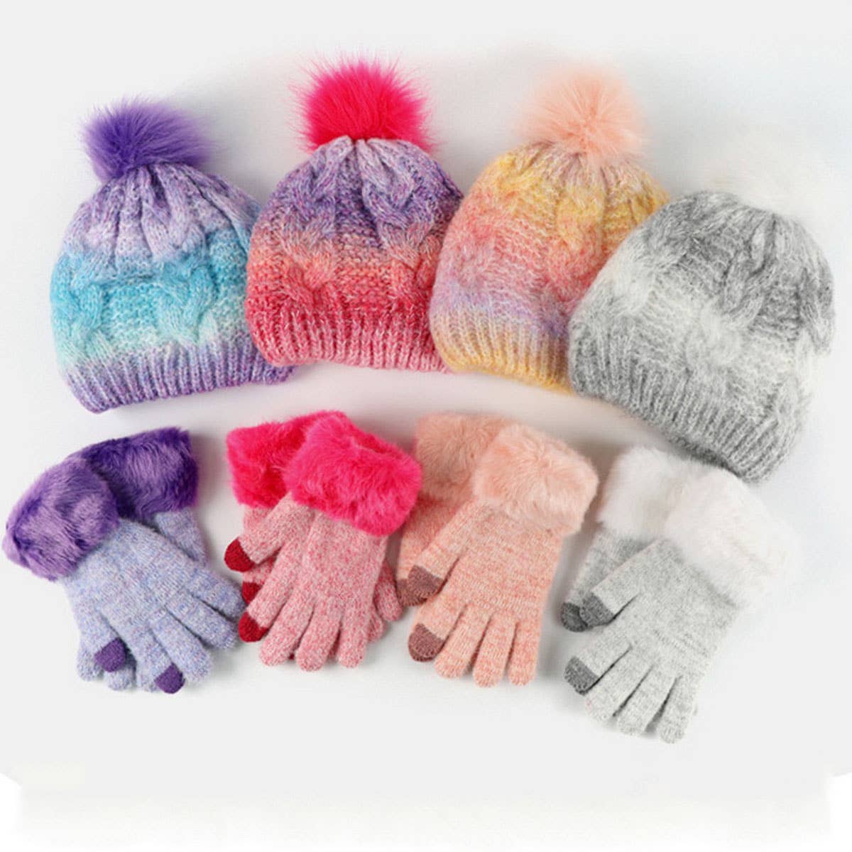 CHILDRENS FUR BALL HAT AND GLOVES TWO PIECE SET_CWMM2813