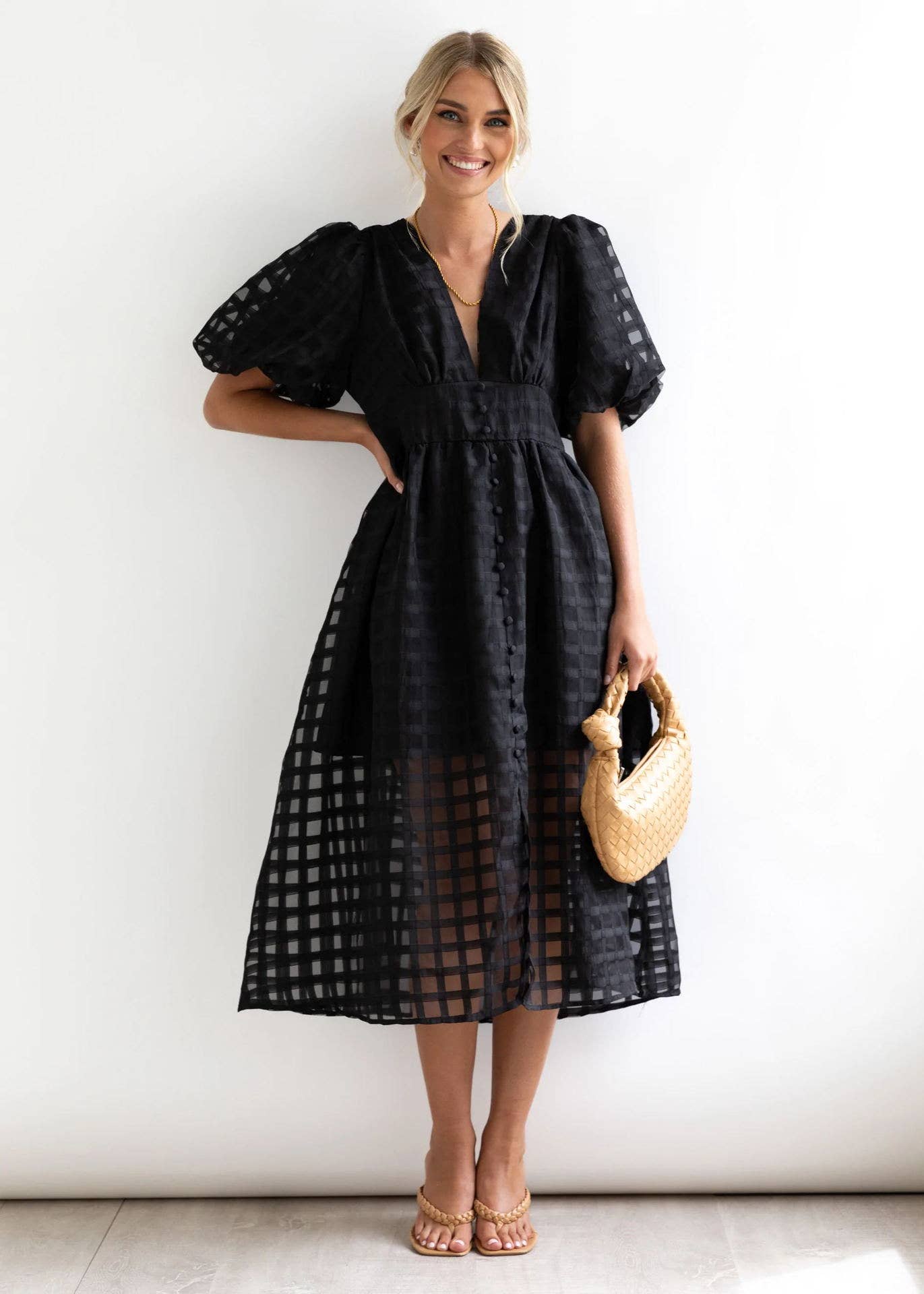 V-Neck Hollowed-Out Lantern Sleeve Dress