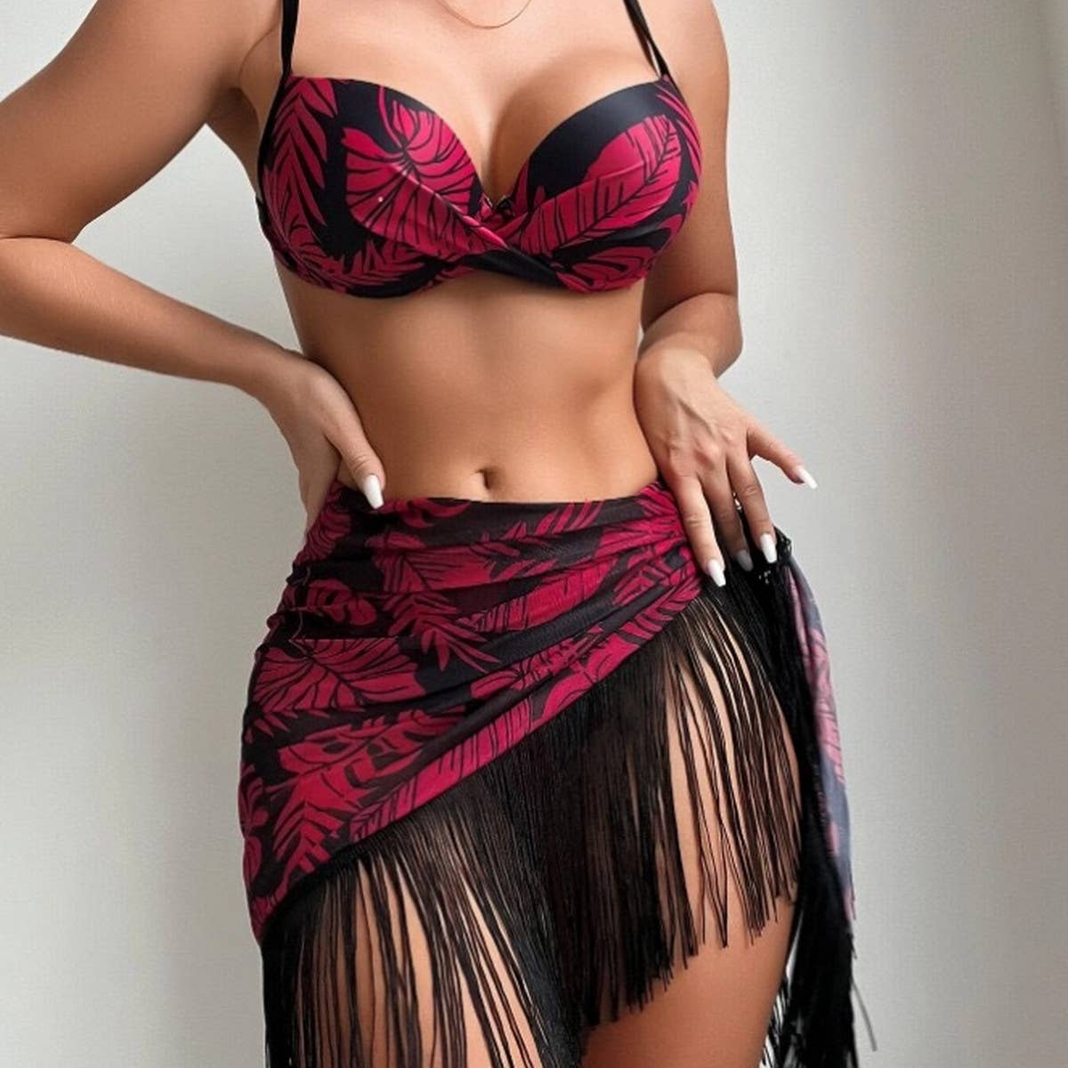 PRINTED TASSEL WRAP SKIRT THREE PIECE SWIMSUIT_CWMW0335