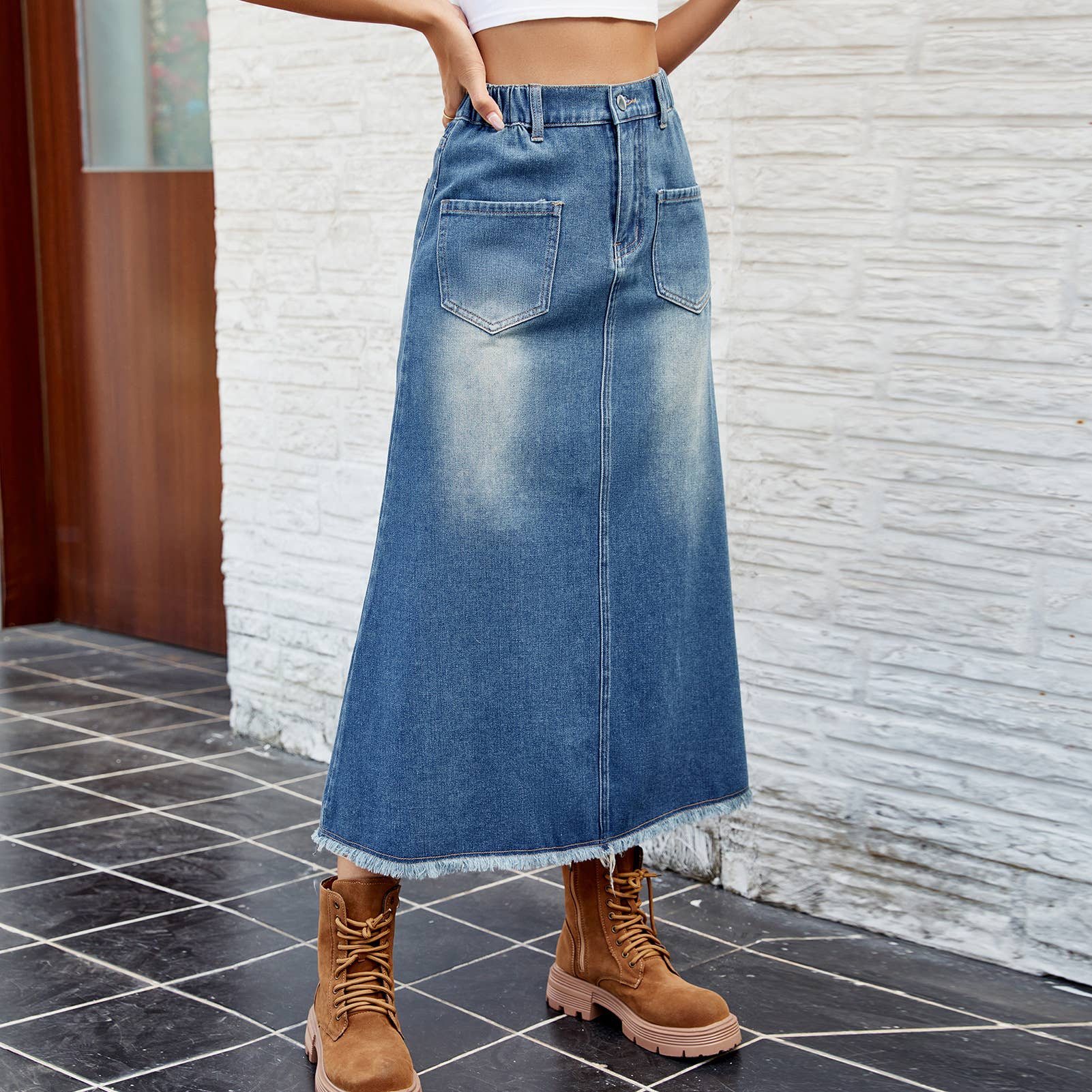 Washed Denim Skirt With Raw Hem Midi