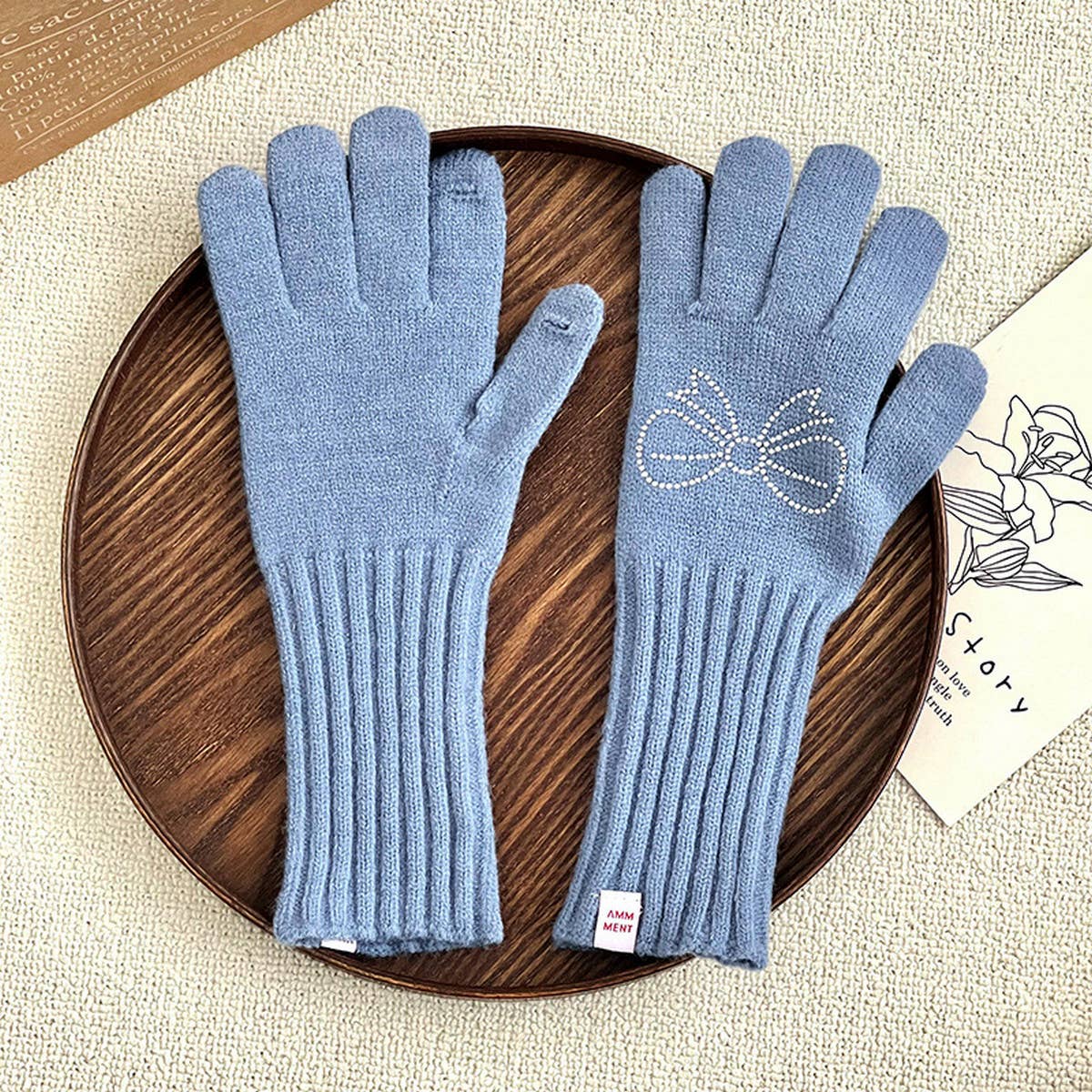 RHINESTONE BOW TOUCH SCREEN FIVE FINGER GLOVES_CWAG0141
