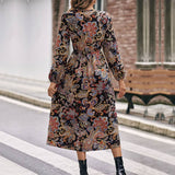 Temperament Long-Sleeved Slit Print Slim Dress