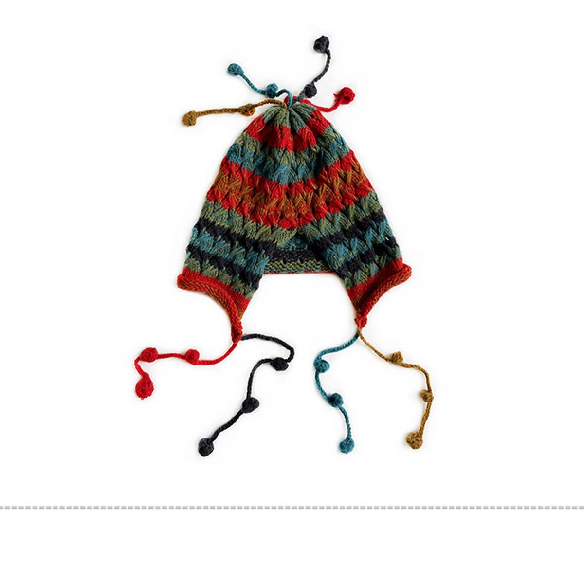 COLORFUL BALL EARFLAP LACE UP TASSEL KNITTED HAT_CWAH2061