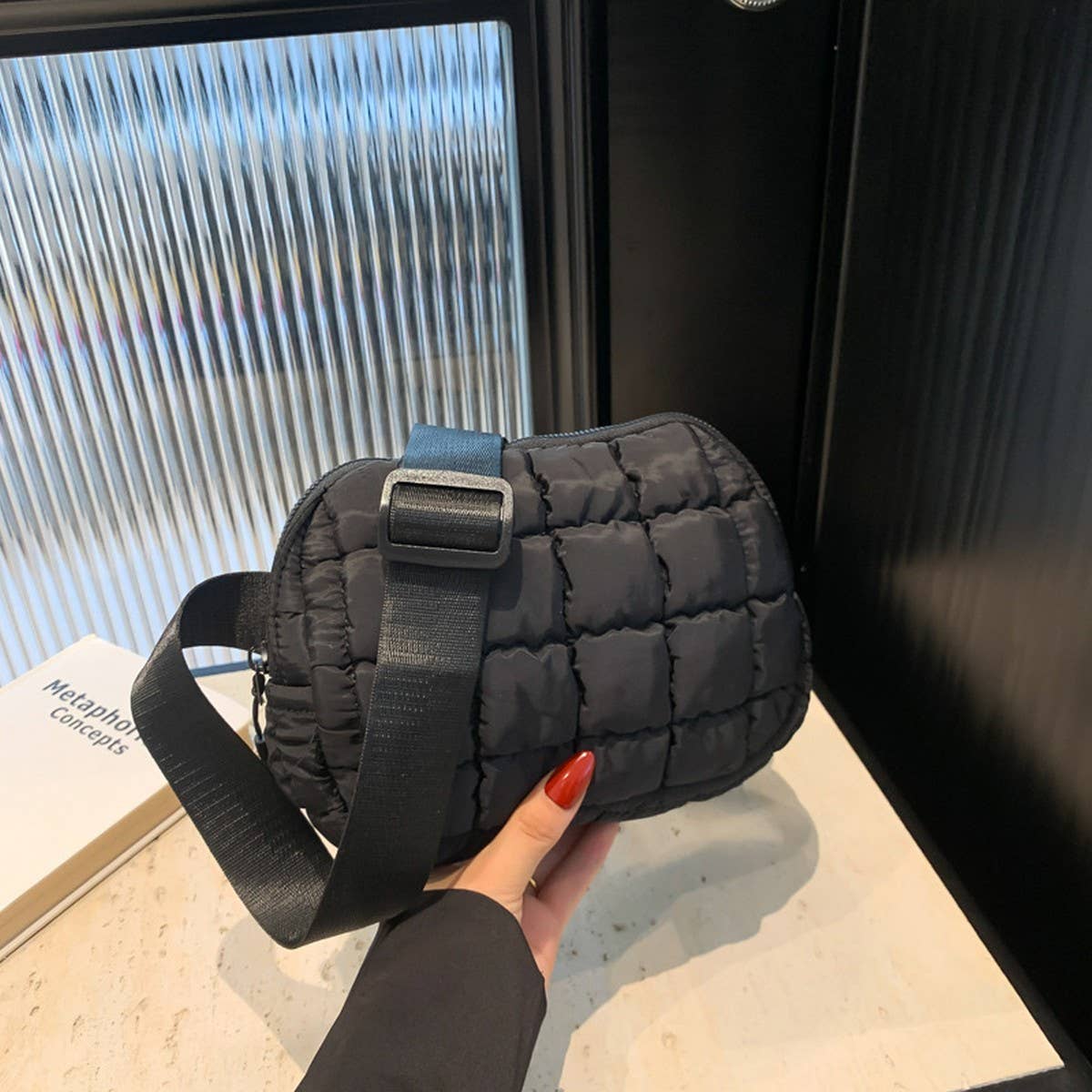 PLAID PUFFER WAIST BAG CROSSBODY CHEST PACK_CUAB00496